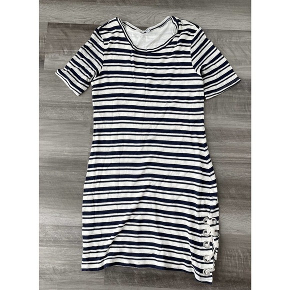 Splendid Blue White Striped Dress Lace Up Hem Medium M Stretch K7 - Picture 1 of 4